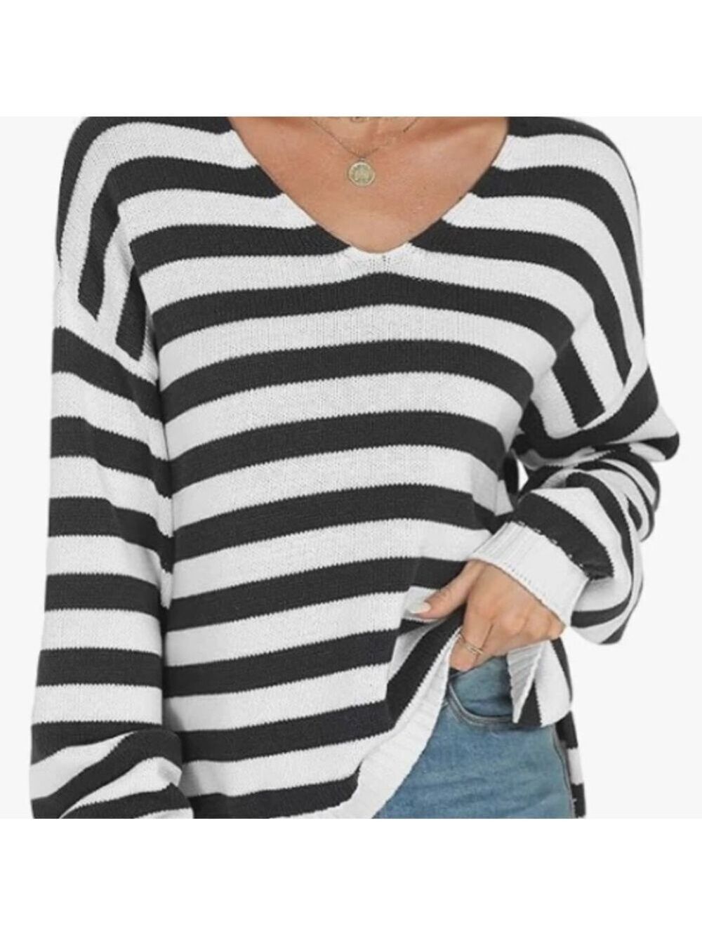 Tanou V Neck Sweater Black White Stripe Size Medium